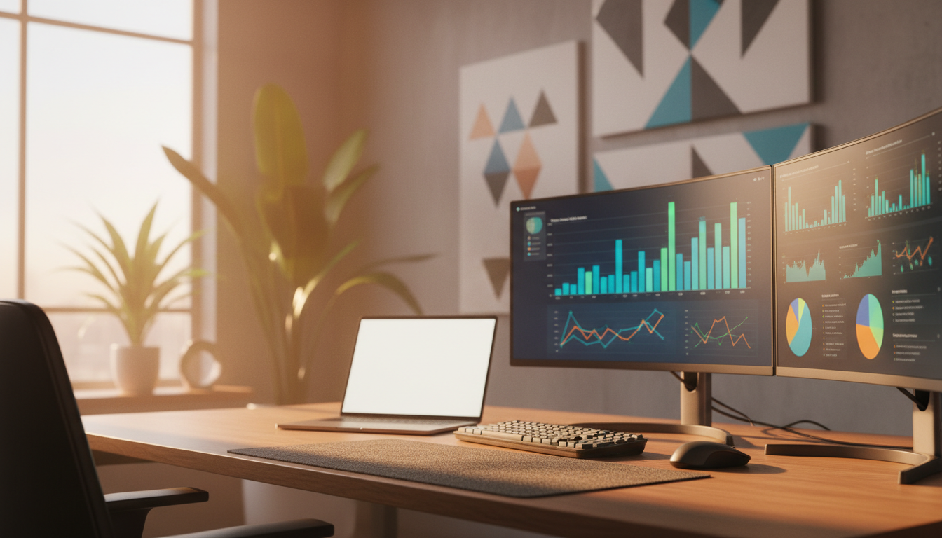 widgets em sites — A modern office with people analyzing dashboards, soft natural lighting, professional photography style