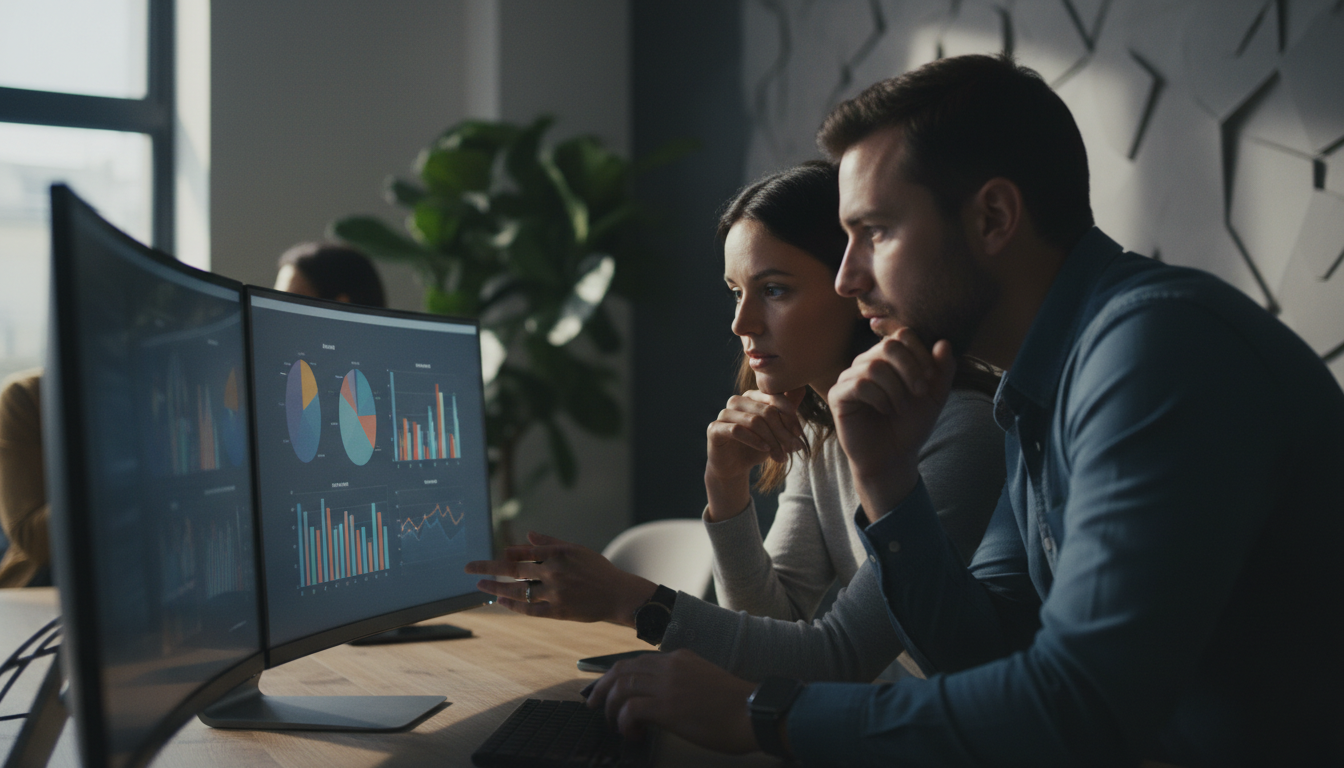 conteúdo personalizado — A modern office with people analyzing dashboards, soft natural lighting, professional photography style
