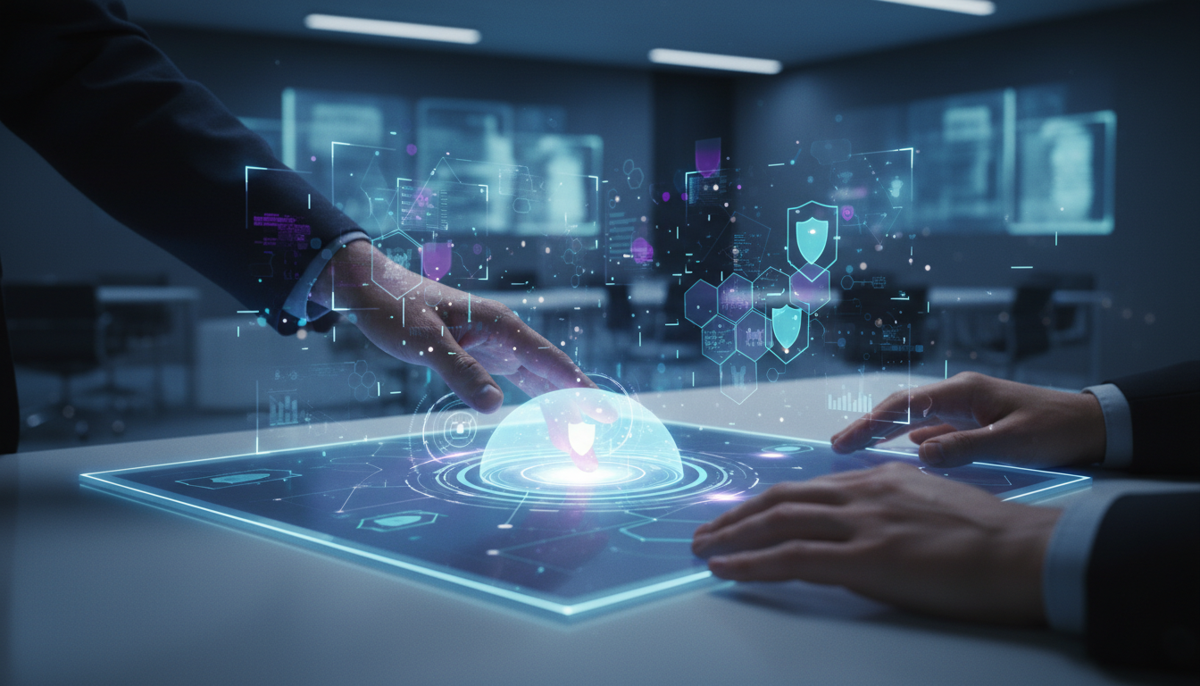 A futuristic interface showing user data protection, holographic effects, digital security theme