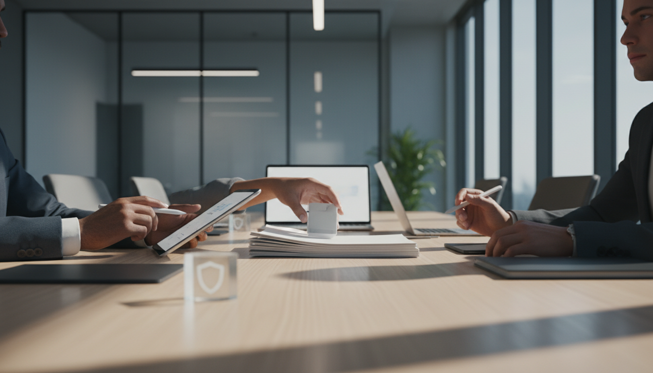 A team of professionals discussing data privacy policies in a bright and modern conference room