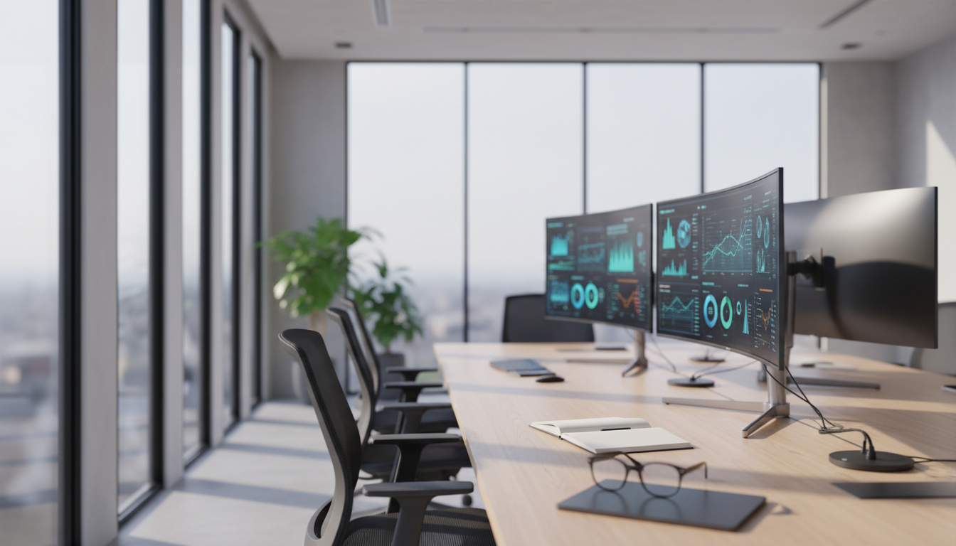 bastidores marketing digital — A modern office with people analyzing dashboards, soft natural lighting, professional photography style