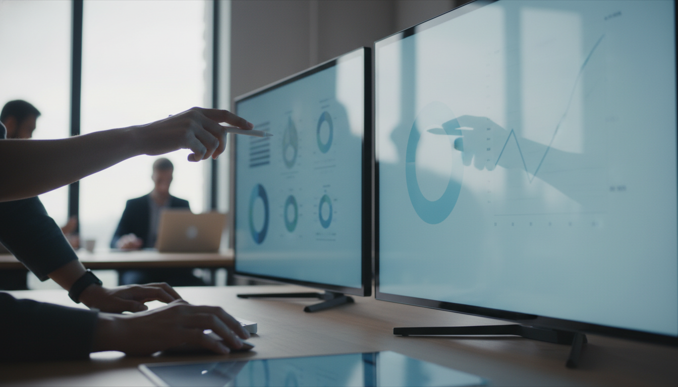 ferramentas digitais — A modern office with people analyzing dashboards, soft natural lighting, professional photography style