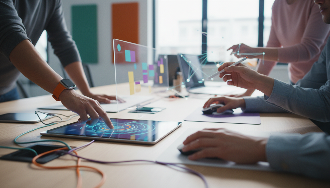 Team collaborating in a modern office, using various digital tools, vibrant colors, professional photography style