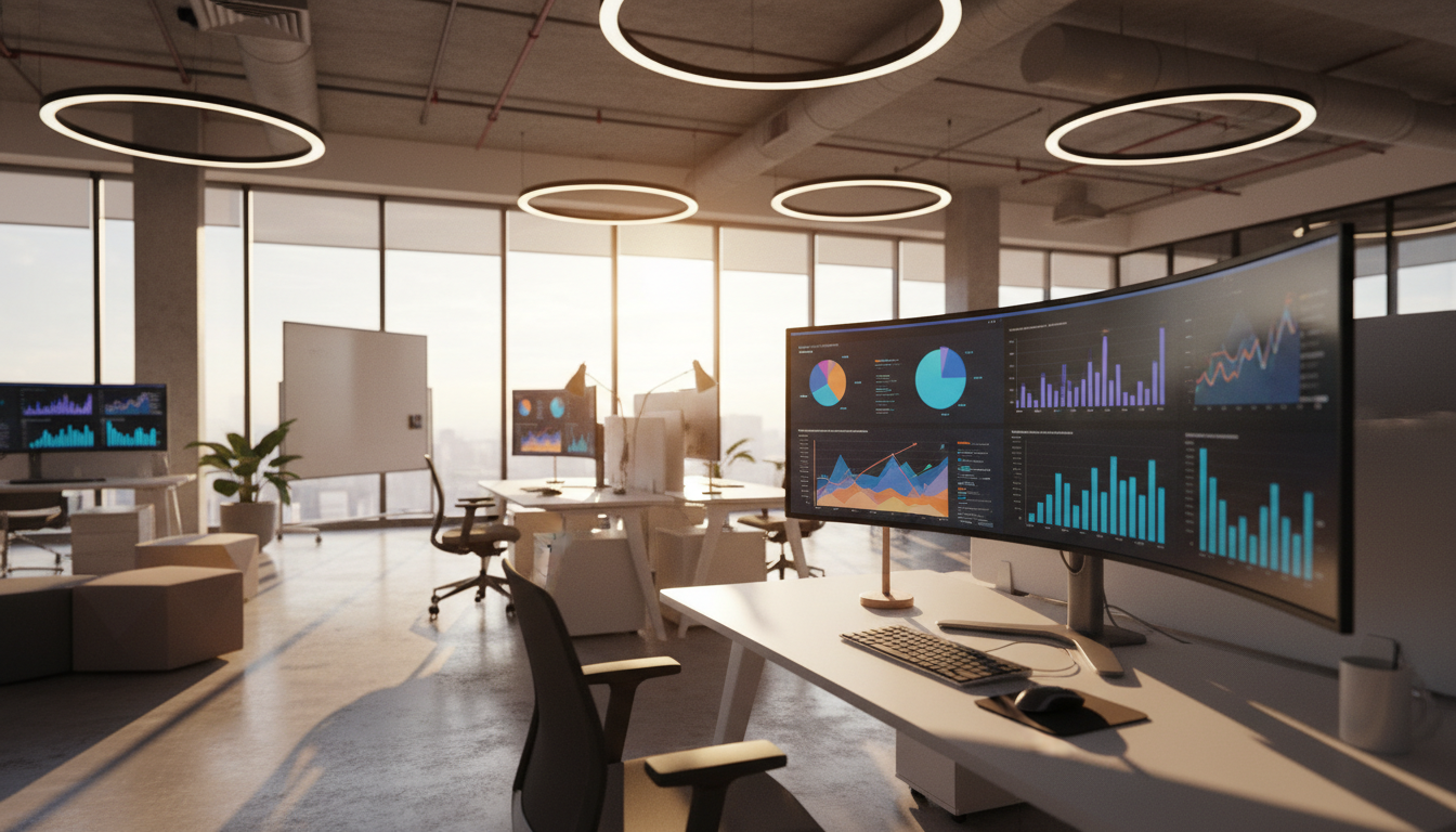 otimização mobile — A modern office with people analyzing dashboards, soft natural lighting, professional photography style