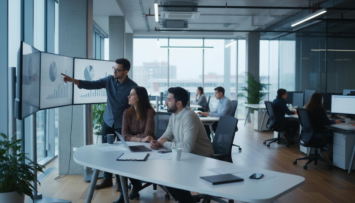 taxas de rejeição — A modern office with people analyzing dashboards, soft natural lighting, professional photography style