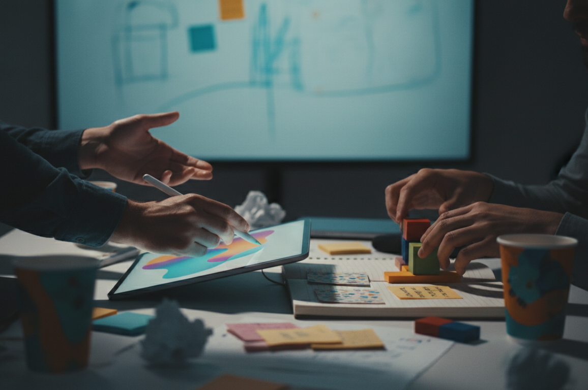 A creative team working on web design, bright colors, collaborative environment