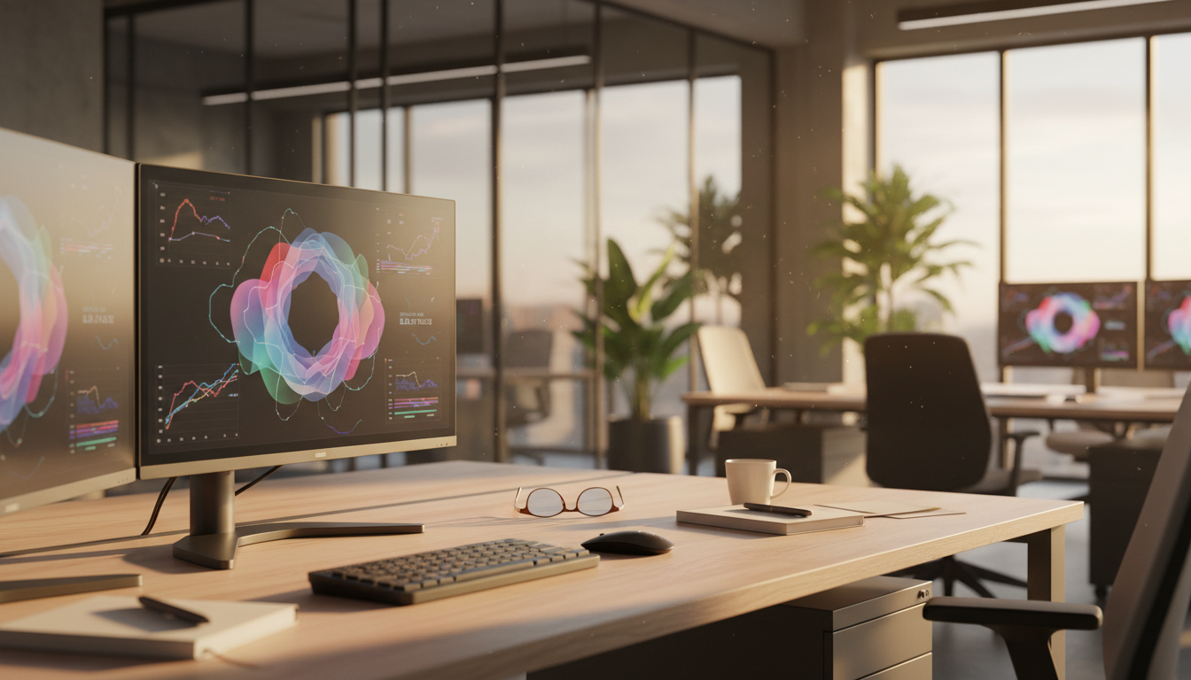 automação redes sociais — A modern office with people analyzing dashboards, soft natural lighting, professional photography style
