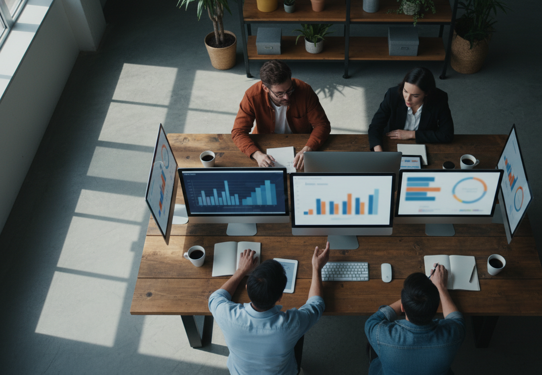 integração de voz — A modern office with people analyzing dashboards, soft natural lighting, professional photography style