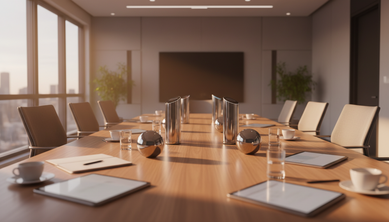 A group of diverse business people using voice-activated assistants in a conference room