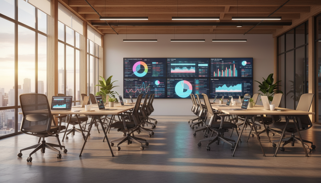 redes neurais marketing — A modern office with people analyzing dashboards, soft natural lighting, professional photography style