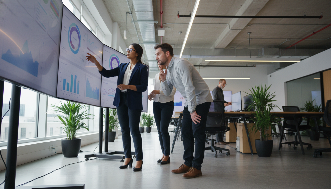 estratégias de retenção — A modern office with people analyzing dashboards, soft natural lighting, professional photography style