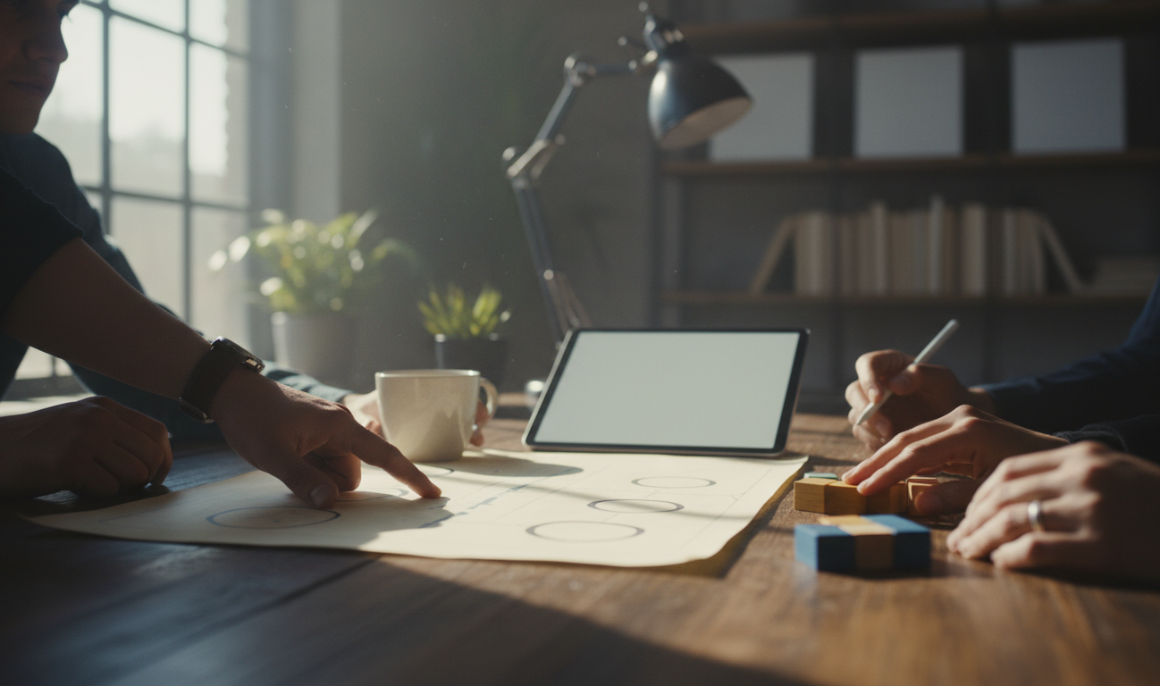 gestão de conteúdo — A team of professionals working on content strategy, diverse workspace, natural light flooding the room, modern and stylish design