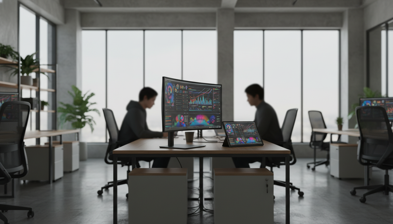 A/B testing — A modern office with people analyzing dashboards, soft natural lighting, professional photography style