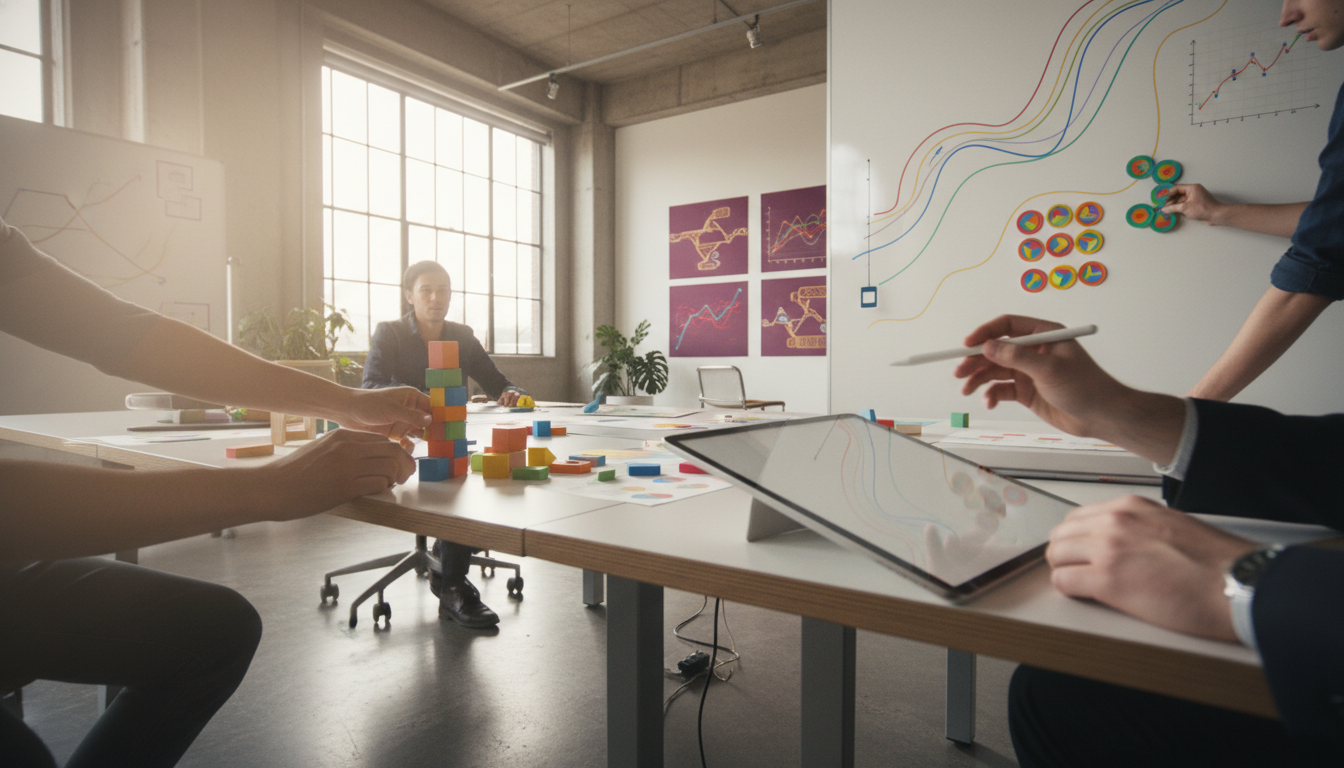 A creative team working collaboratively in a modern office, colorful charts on walls, dynamic atmosphere