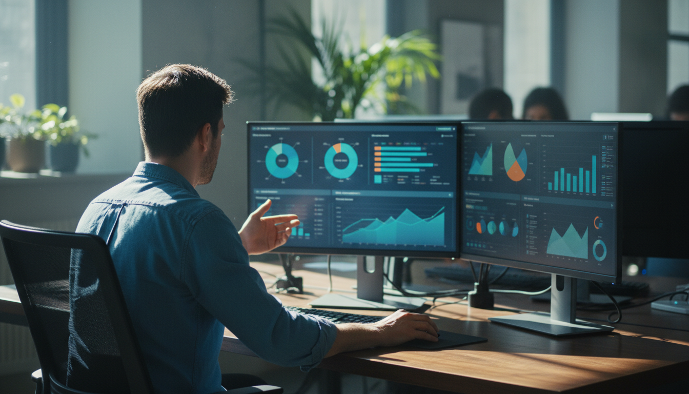 captura de leads — A modern office with people analyzing dashboards, soft natural lighting, professional photography style