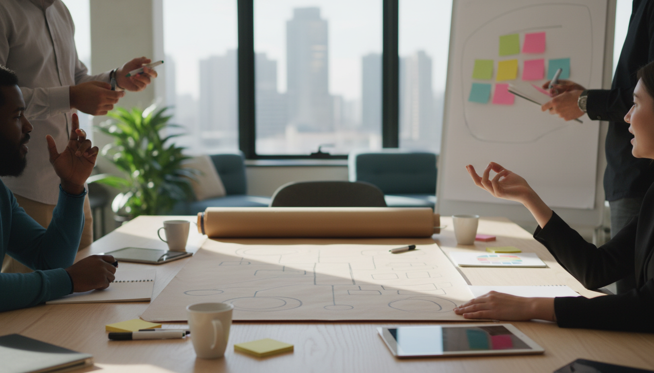 A team of marketers brainstorming ideas, bright modern office environment, creative and dynamic atmosphere