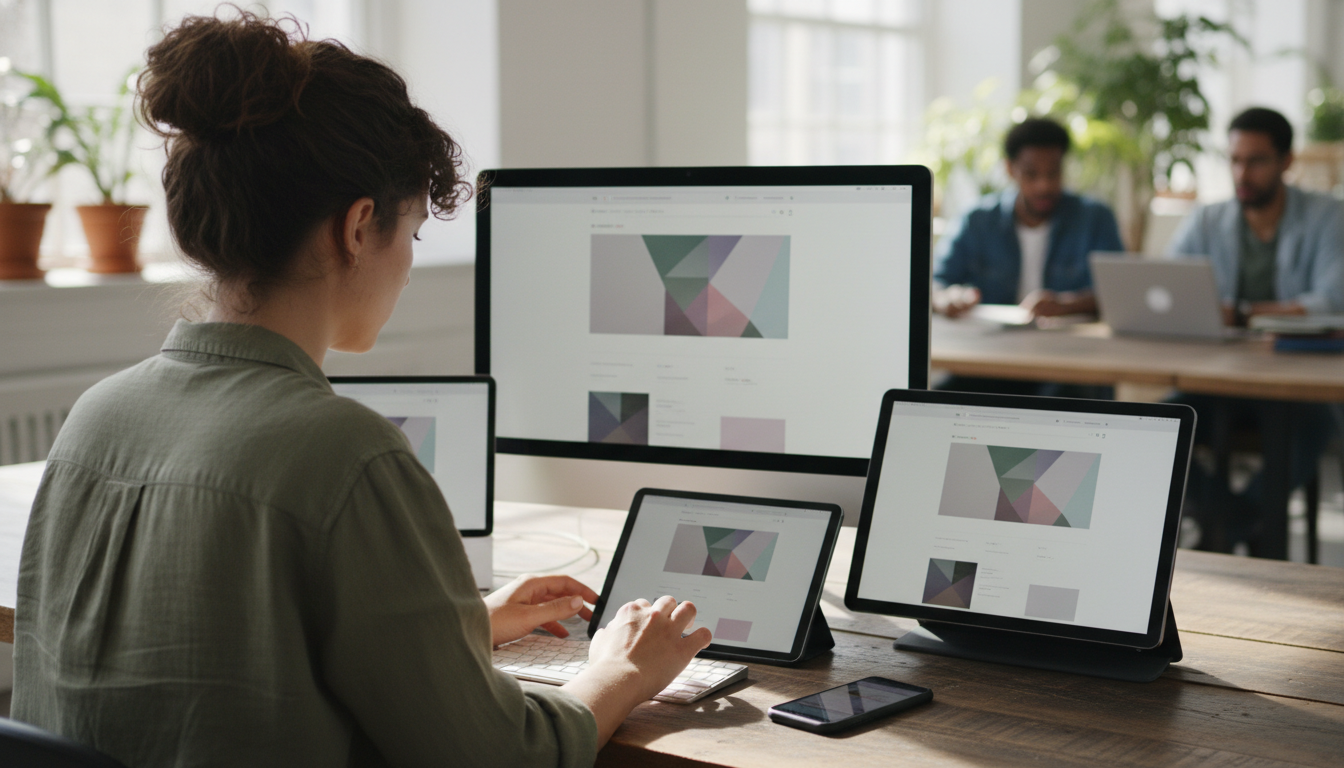 A diverse group of people engaging with a website on various devices, showcasing responsive design