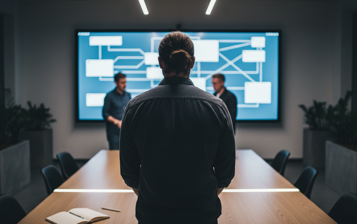 UX Writing — A group of designers discussing UX designs on a large screen, with bright office lighting and modern decor