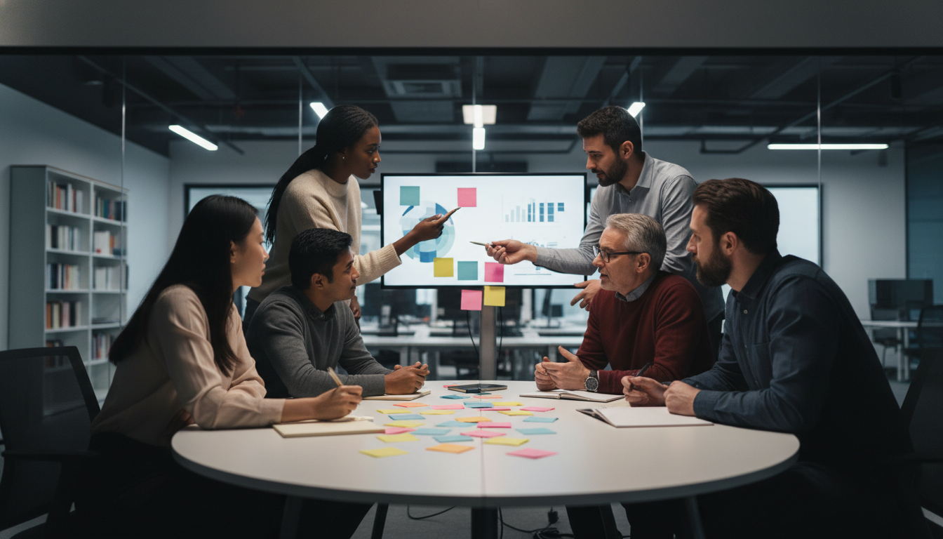 storytelling visual — A diverse group of people engaged in a creative brainstorming session, surrounded by colorful post-it notes and digital screens displaying graphs and images, in a modern office setting