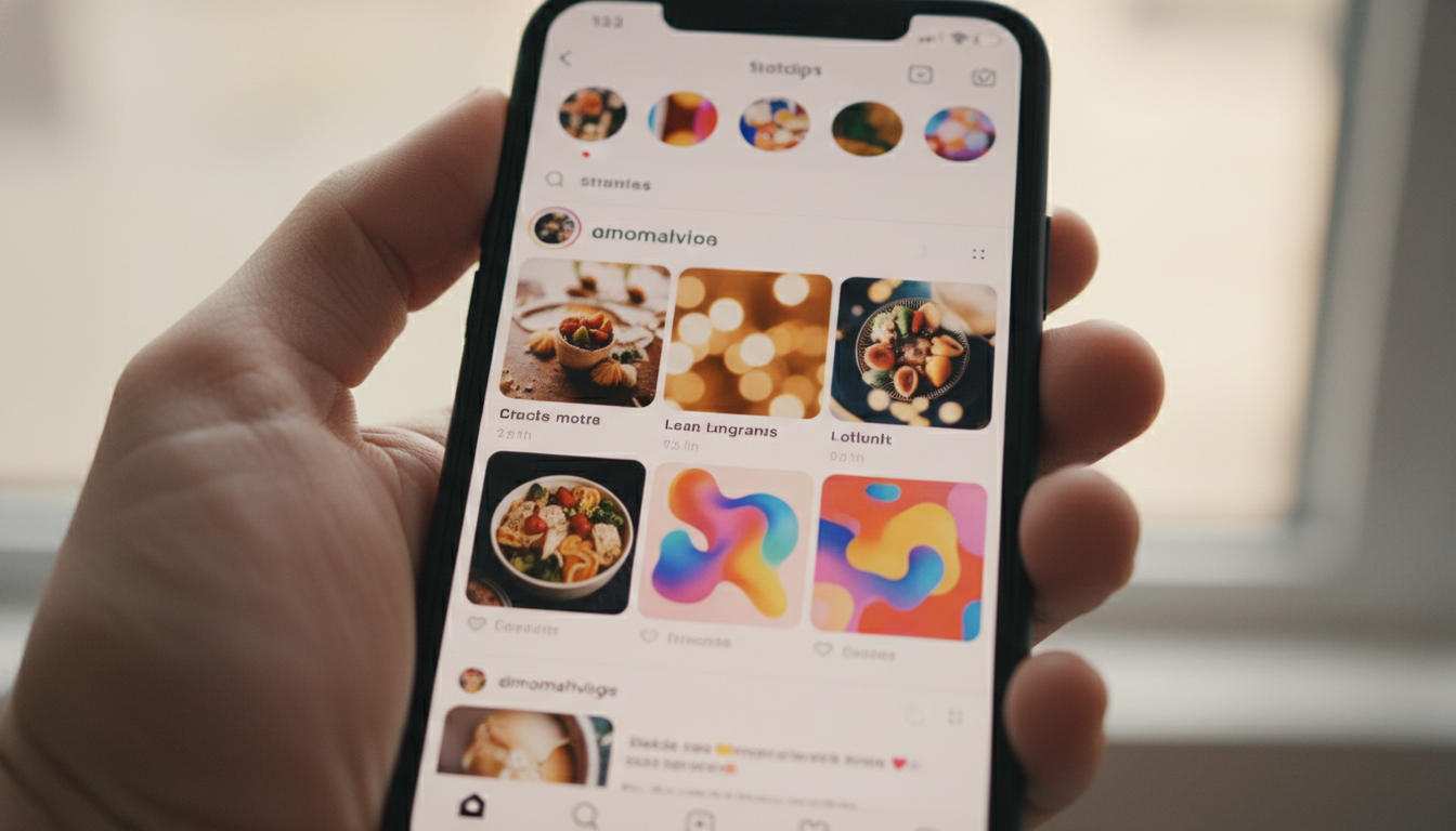 A smartphone screen displaying a vibrant Instagram feed with engaging visual stories and colorful graphics, in a hand of a person