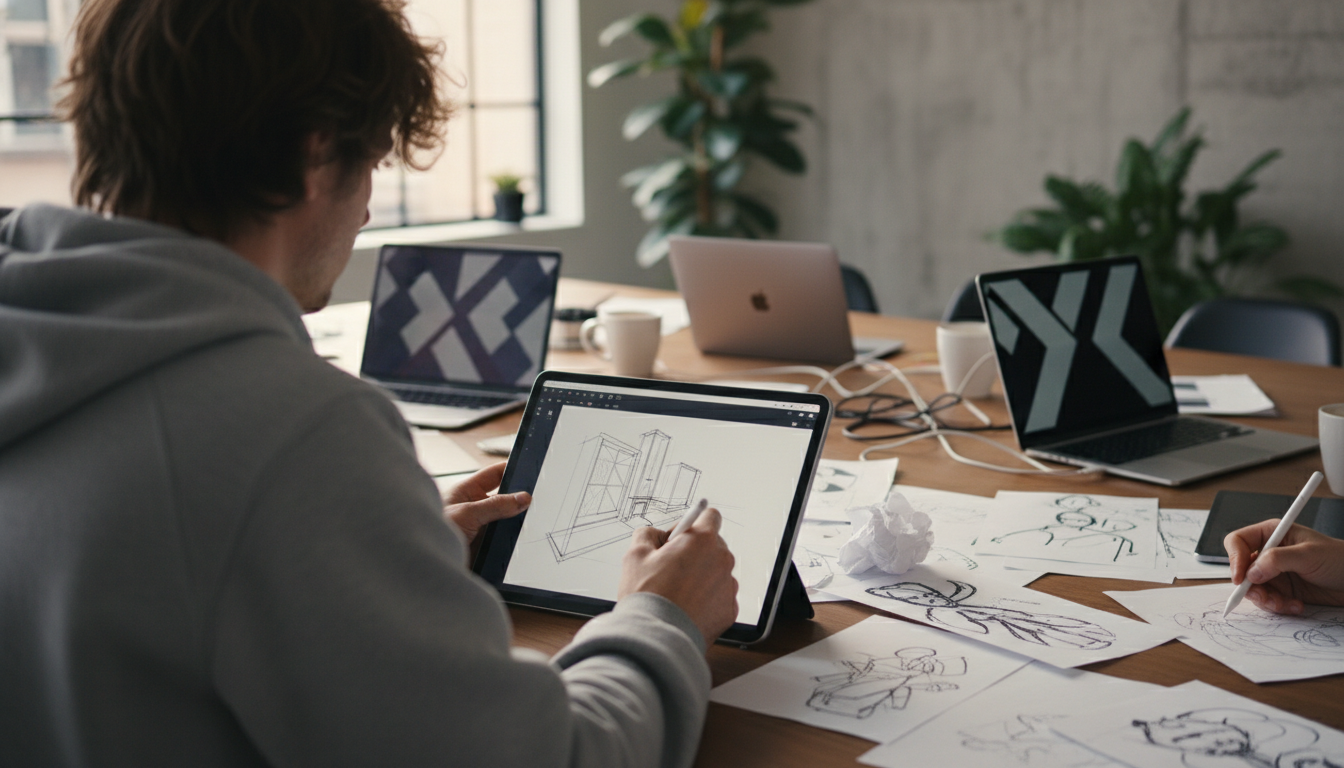 A creative team working collaboratively around a table filled with sketches, laptops, and digital tablets, in a bright and modern office environment