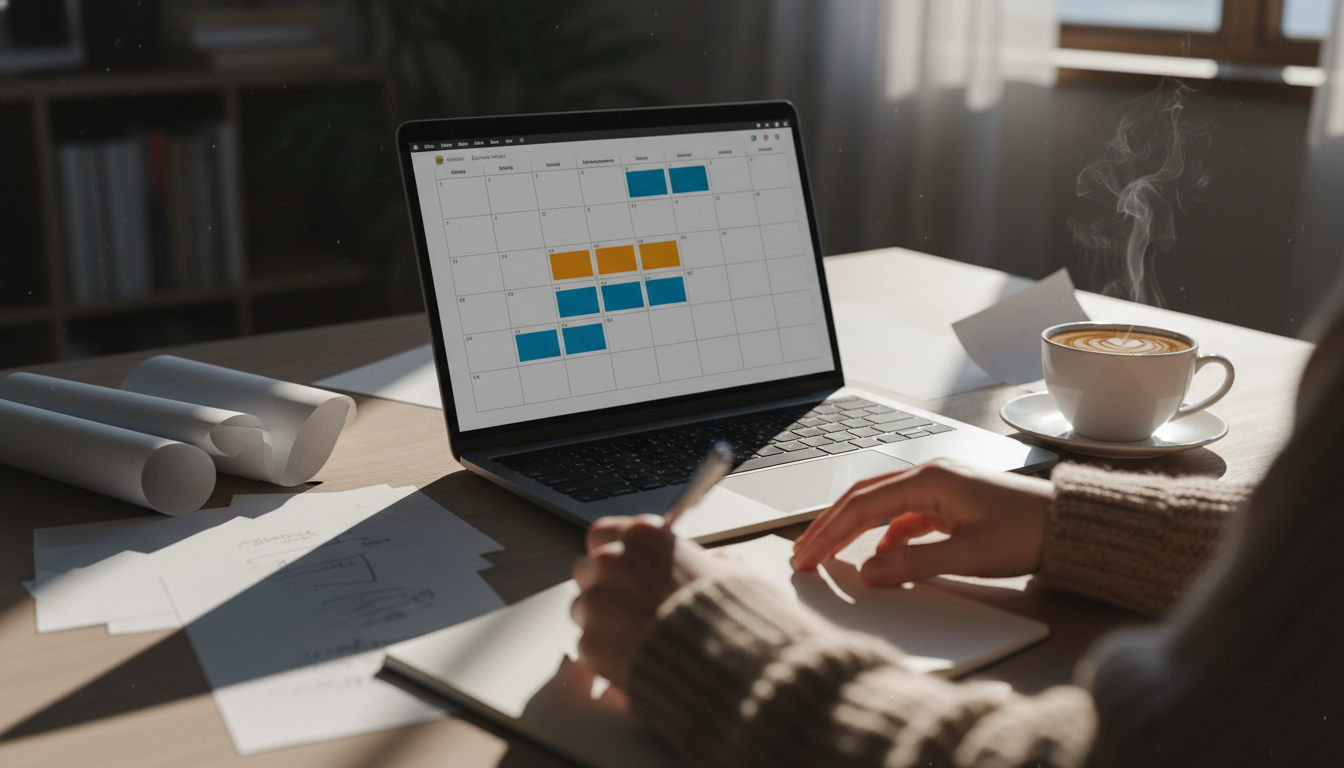 calendário de conteúdo — A workspace with a laptop showing a content calendar on screen, surrounded by notes and a cup of coffee, soft lighting, professional photography style