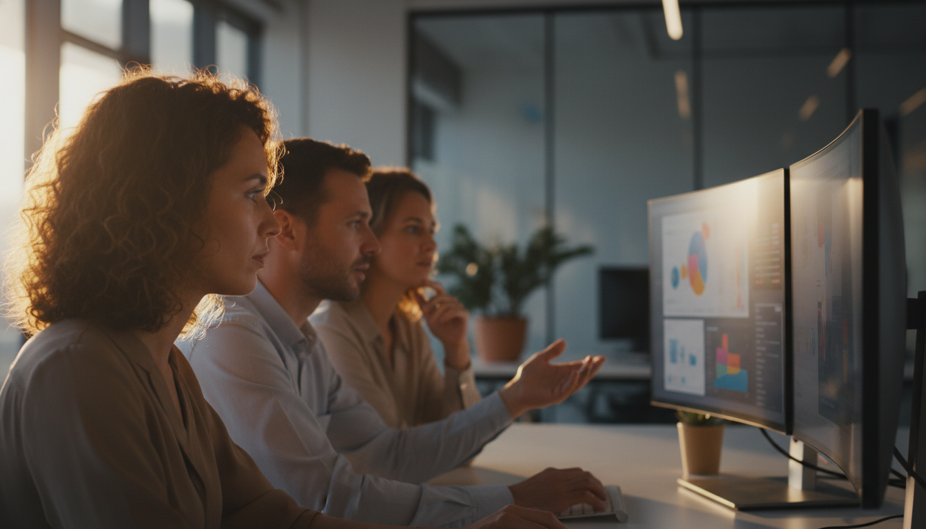 chatbot avançado — A modern office with people analyzing dashboards, soft natural lighting, professional photography style