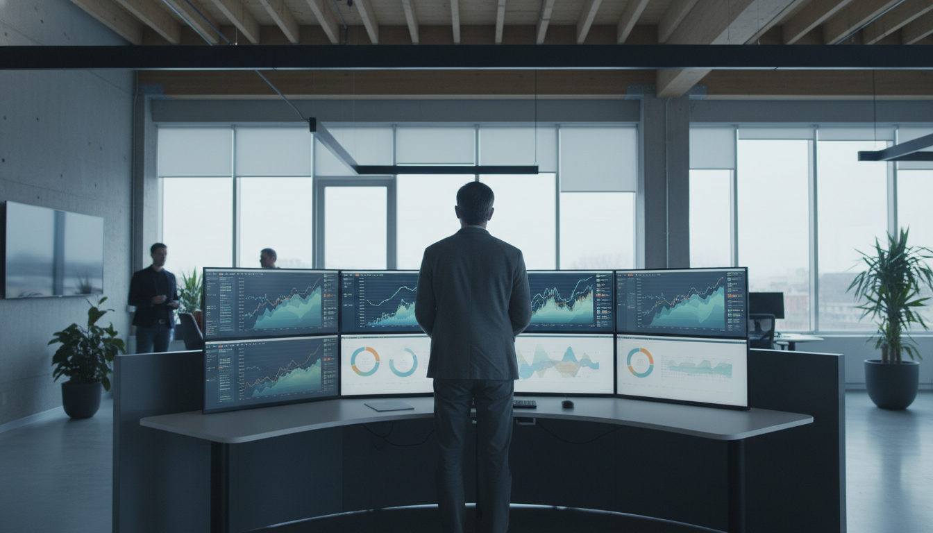 análise preditiva marketing — A modern office with people analyzing dashboards, soft natural lighting, professional photography style