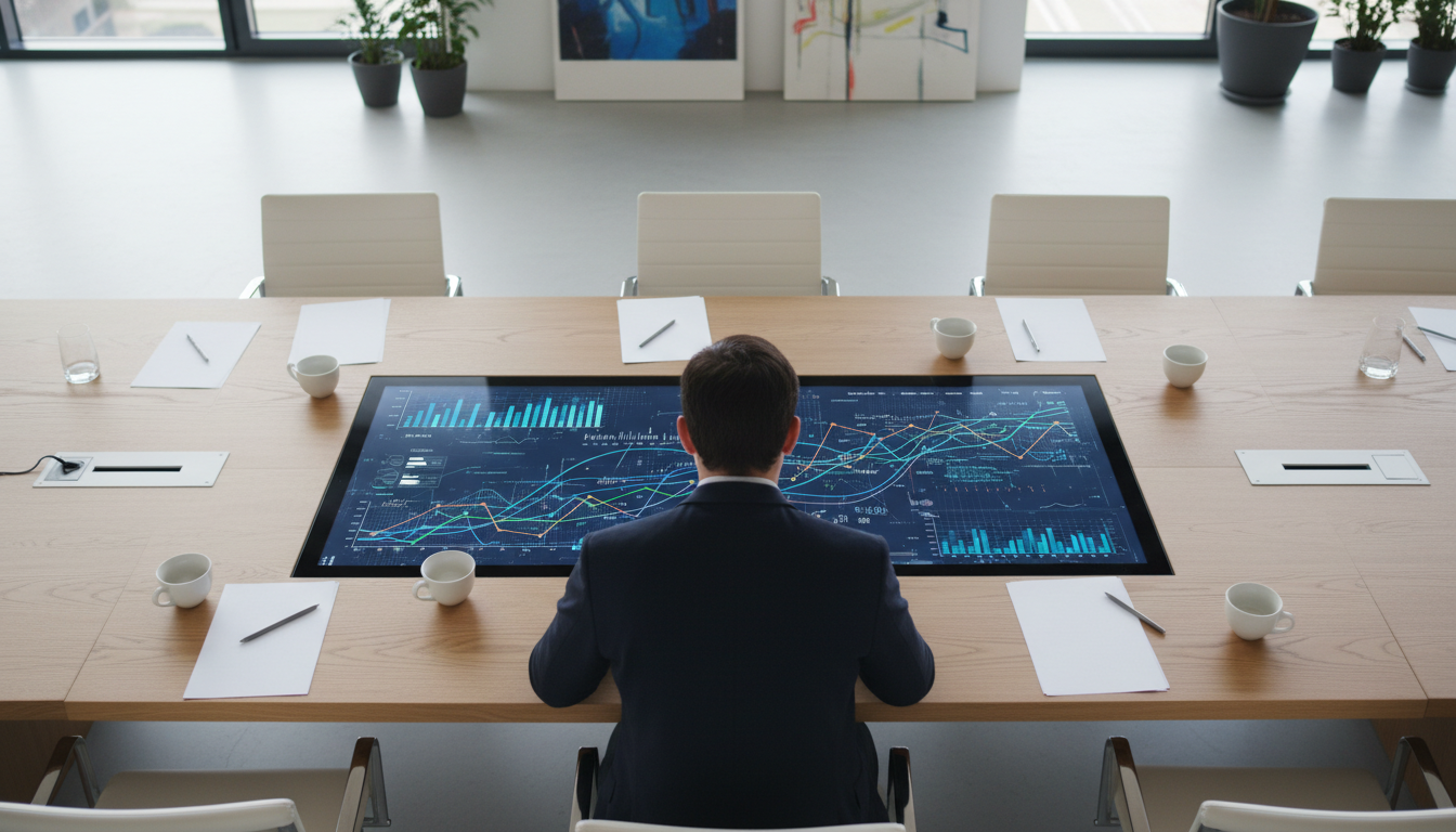 A team of diverse professionals brainstorming over a large digital screen displaying predictive analytics graphs