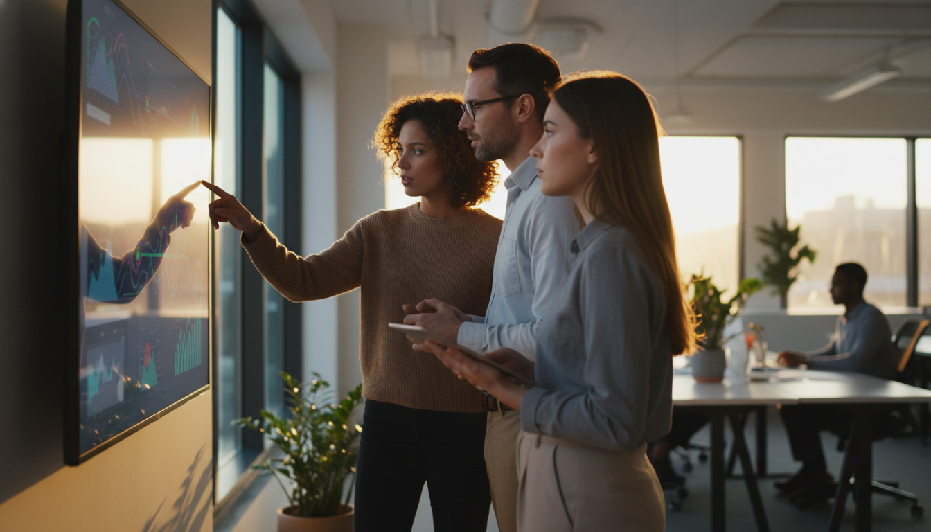 humanização redes sociais — A modern office with people analyzing dashboards, soft natural lighting, professional photography style