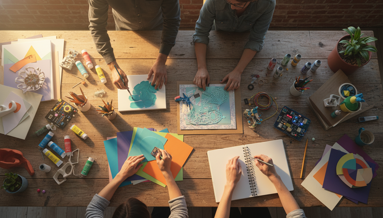 People collaborating in a creative workspace, with vibrant colors and a dynamic atmosphere