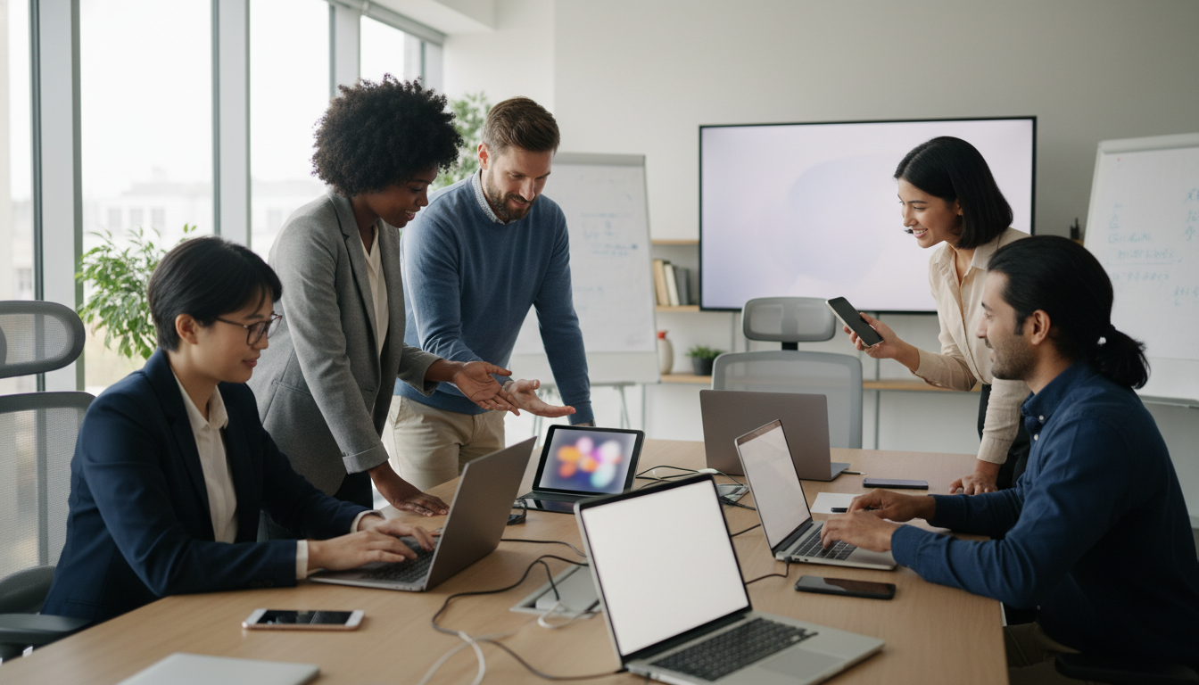 A diverse team of professionals brainstorming with digital devices in a well-lit conference room