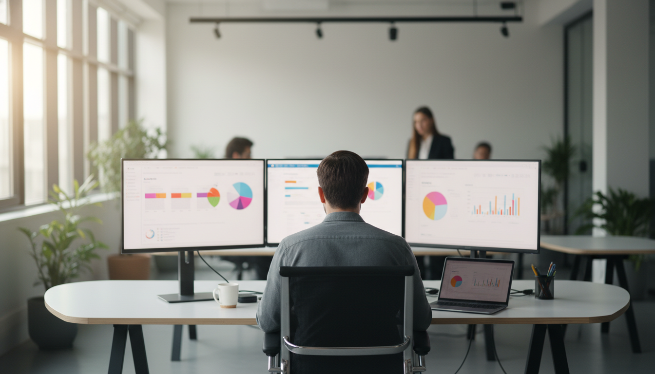 A digital marketing team collaborating in a modern office with large screens displaying analytics dashboards
