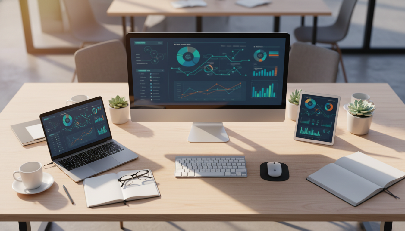 funil de vendas — A modern office with people analyzing dashboards, soft natural lighting, professional photography style
