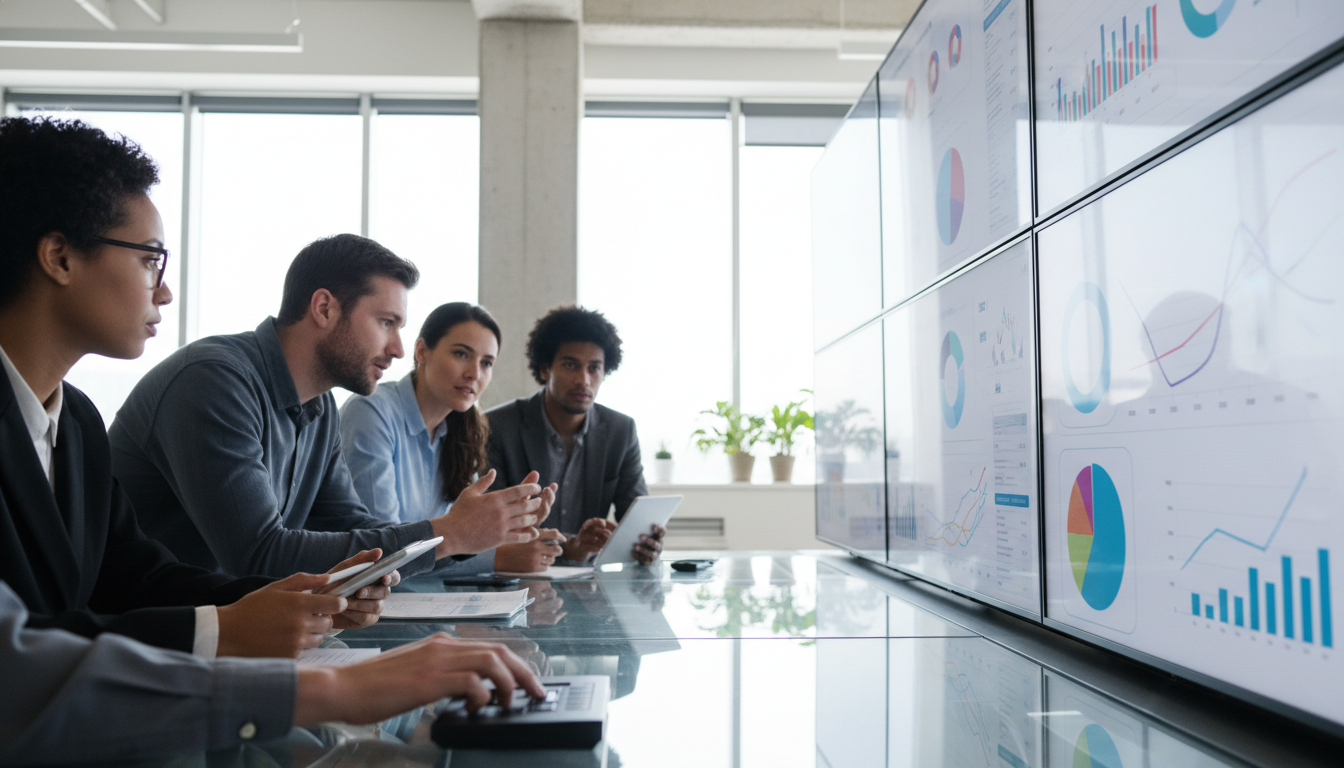 automação digital — A modern office with people analyzing dashboards, soft natural lighting, professional photography style