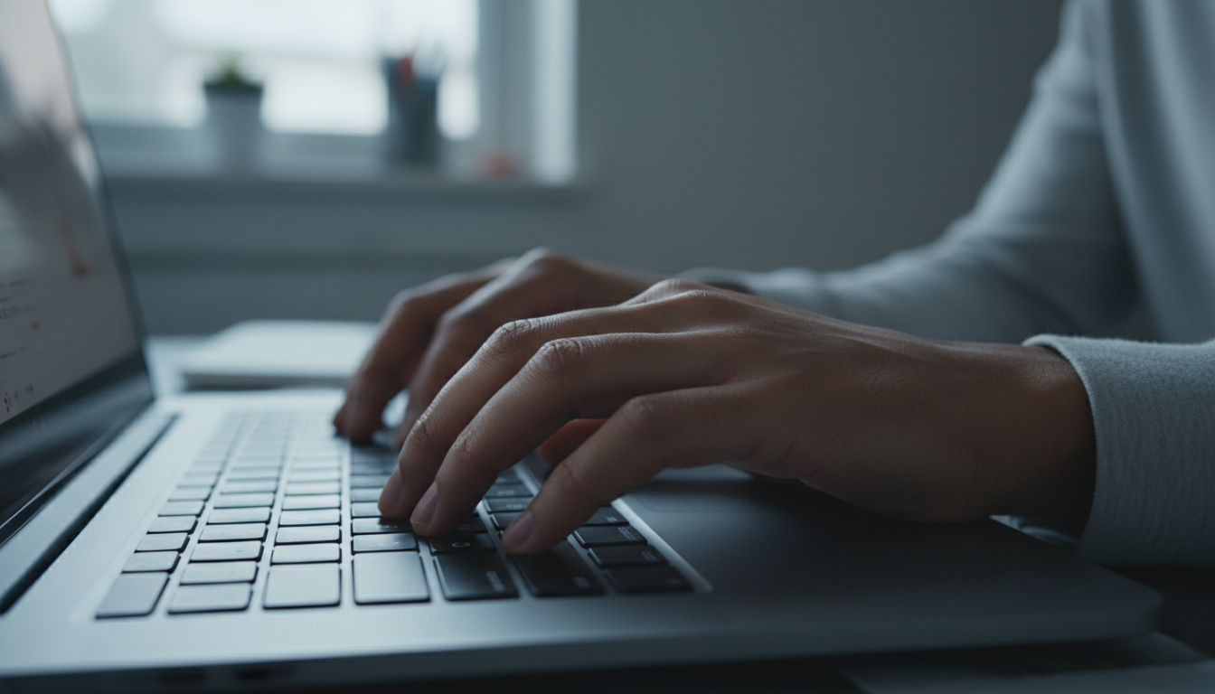 A close-up of a person's hands typing on a laptop, focus on the keyboard, natural office lighting