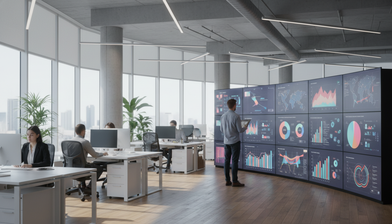 marketing digital interno — A modern office with people analyzing dashboards, soft natural lighting, professional photography style