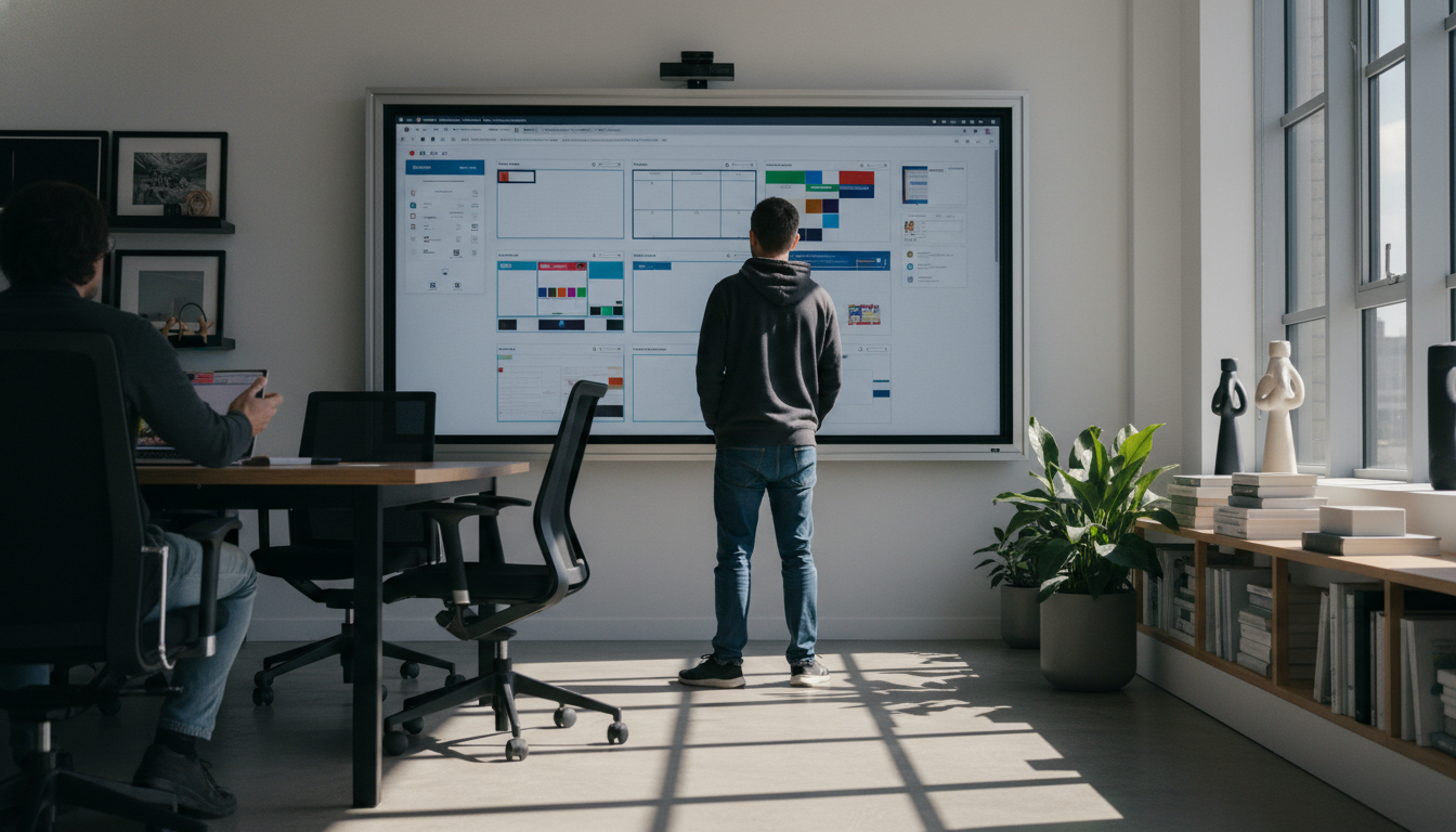 sites que convertem — A team of professionals collaborating in an office, discussing web design on a large screen, with natural lighting and a modern workspace
