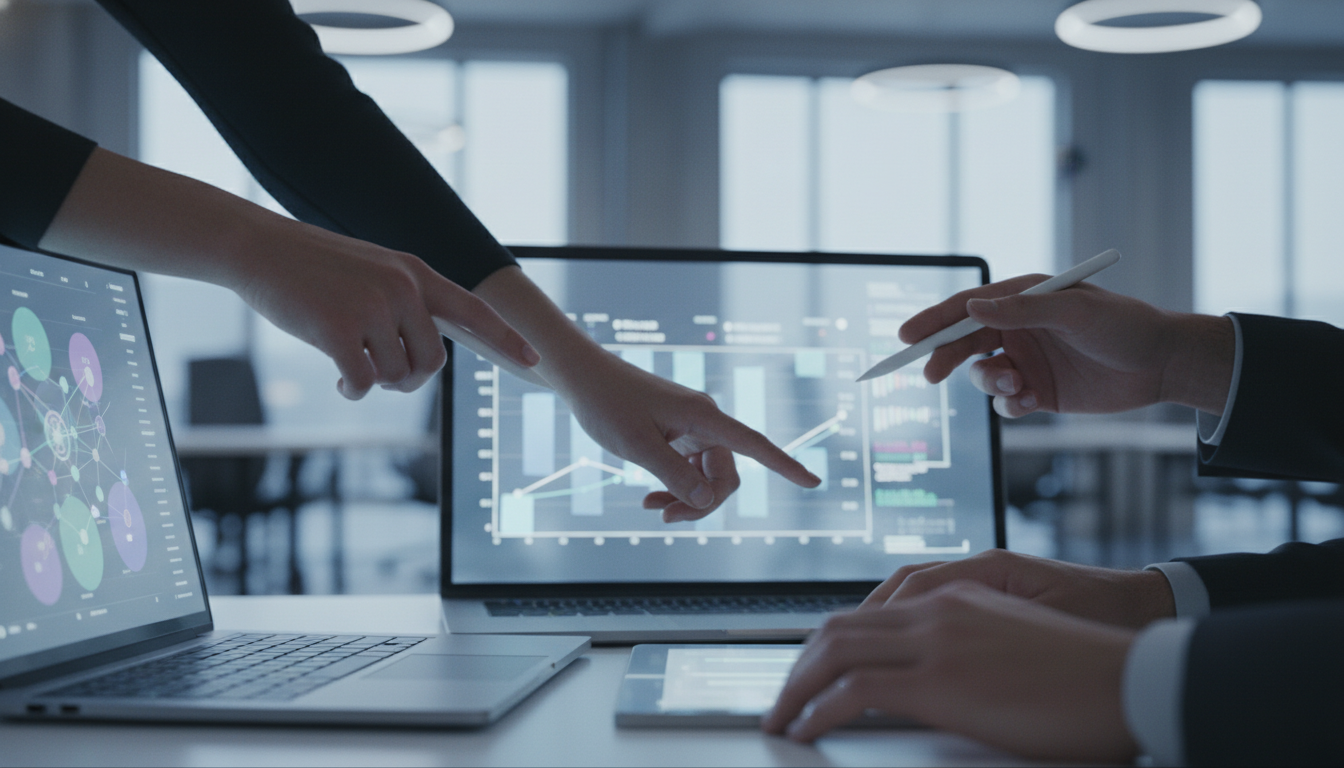 micro-momentos — A group of people in an office setting, intently analyzing data on various screens, with a collaborative and modern atmosphere