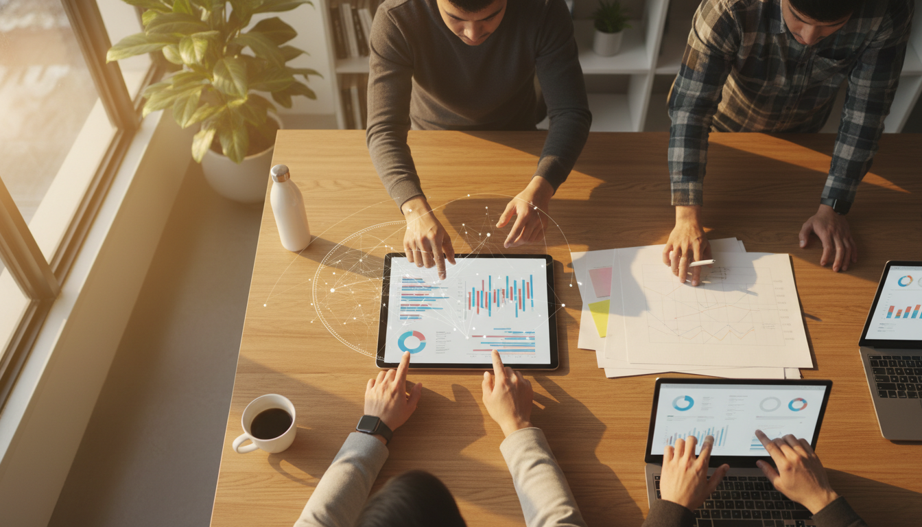 otimização redes sociais — A modern office with people analyzing dashboards, soft natural lighting, professional photography style