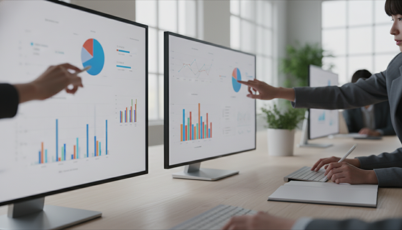 criação de sites — A modern office with people analyzing dashboards, soft natural lighting, professional photography style