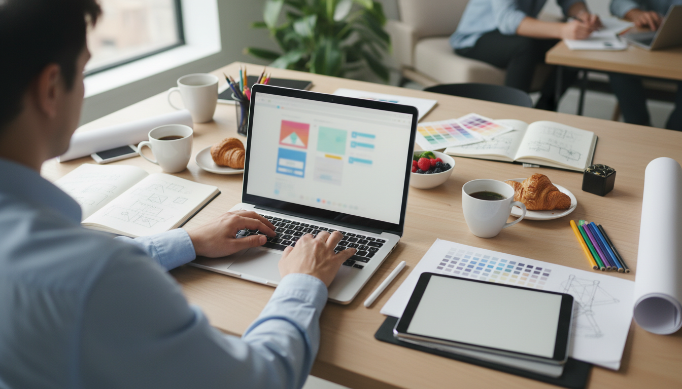 A team of diverse professionals collaborating on a website design, bright and modern office setting