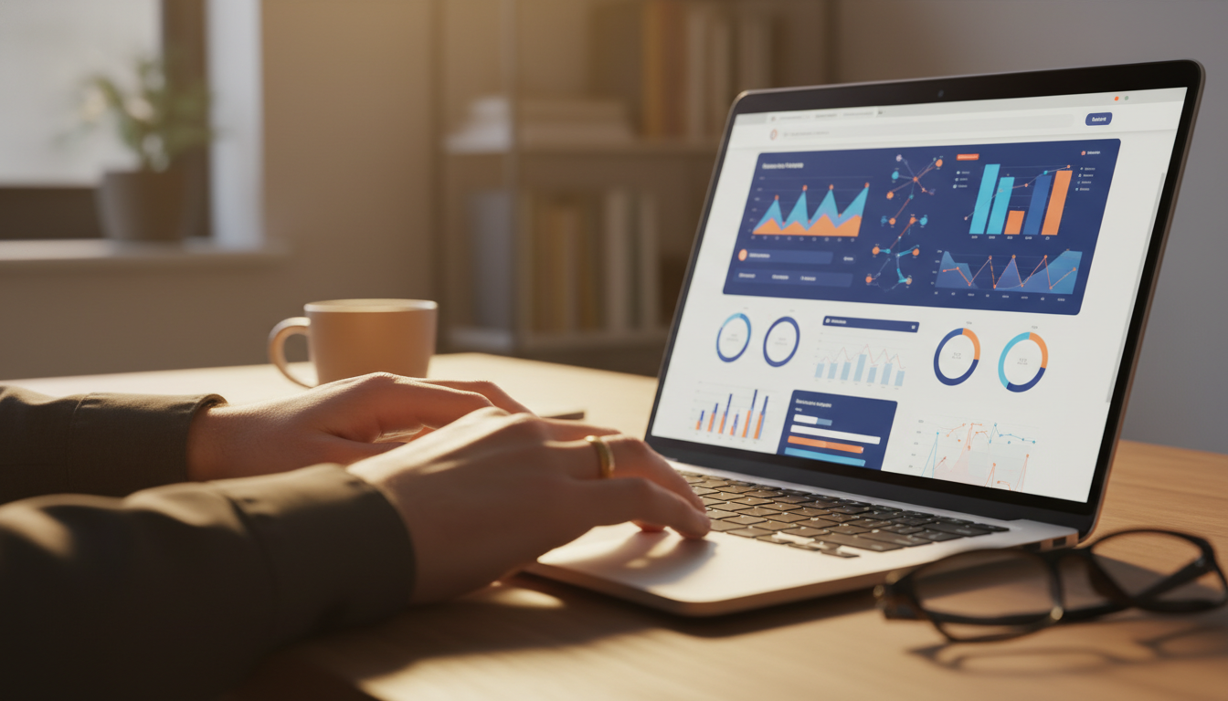 Close-up of hands working on a laptop with a website analytics dashboard, warm lighting and tech-focused atmosphere