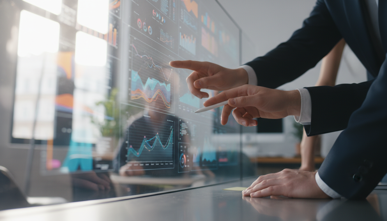 SEO para empresas — A modern office with people analyzing dashboards, soft natural lighting, professional photography style
