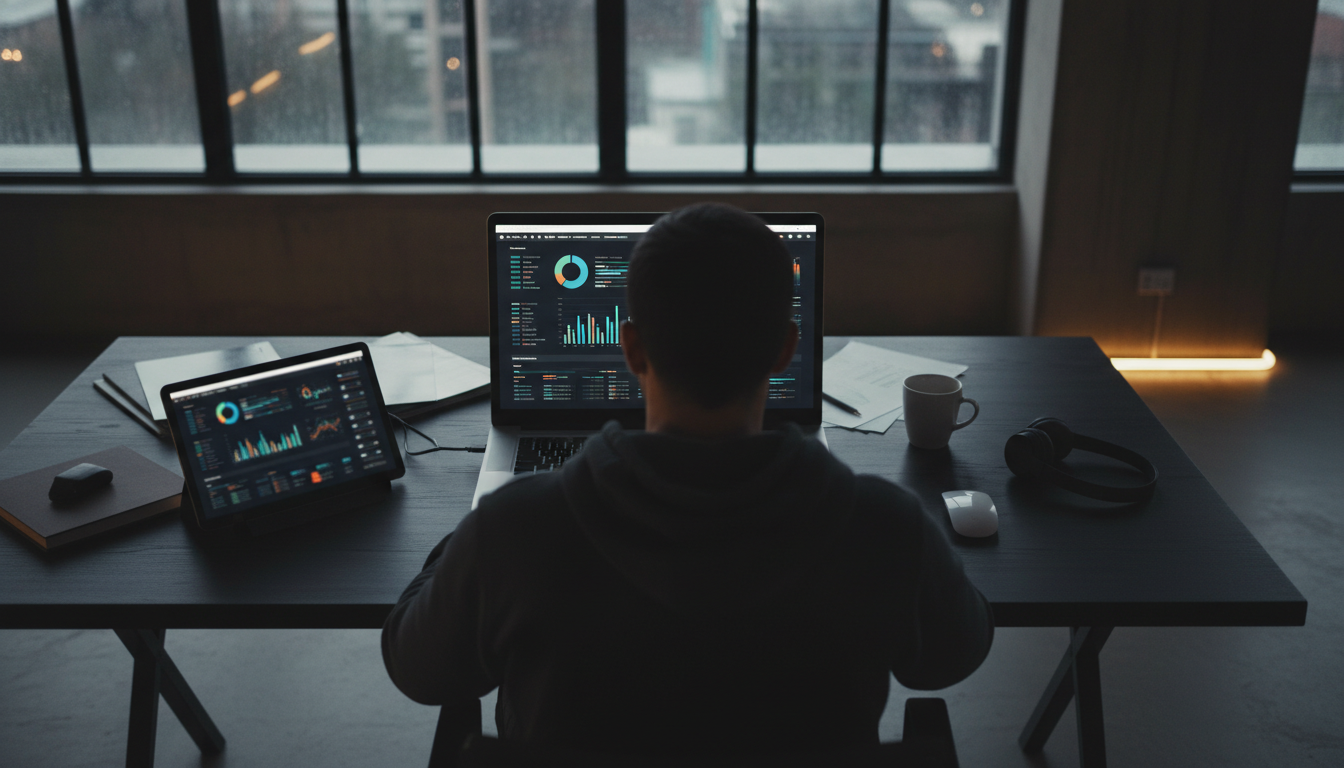 People working on laptops with SEO and analytics on their screens, bright modern office setting