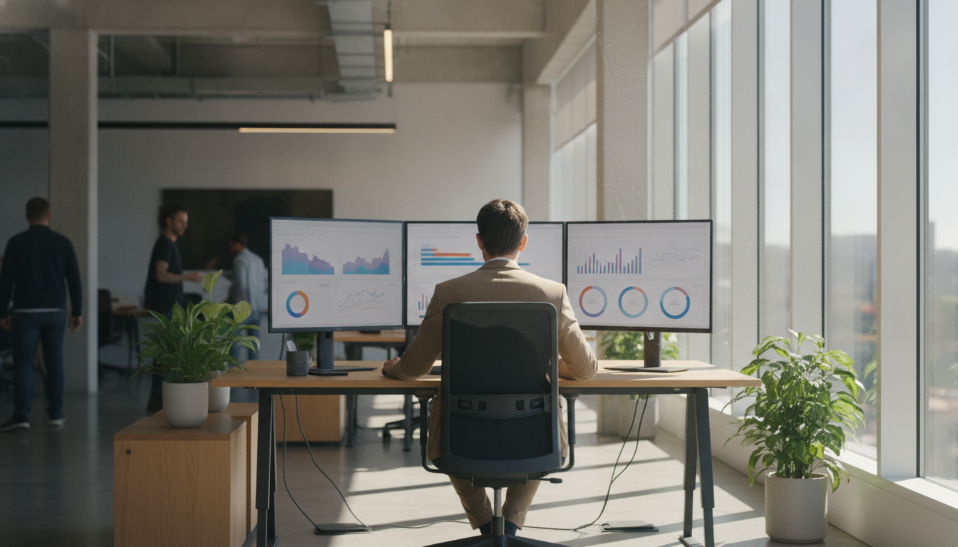 experiência de usuário — A modern office with people analyzing dashboards, soft natural lighting, professional photography style