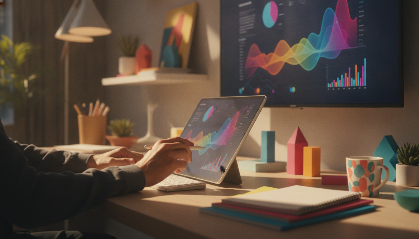 A creative workspace with digital marketing charts, bright colors, contemporary design