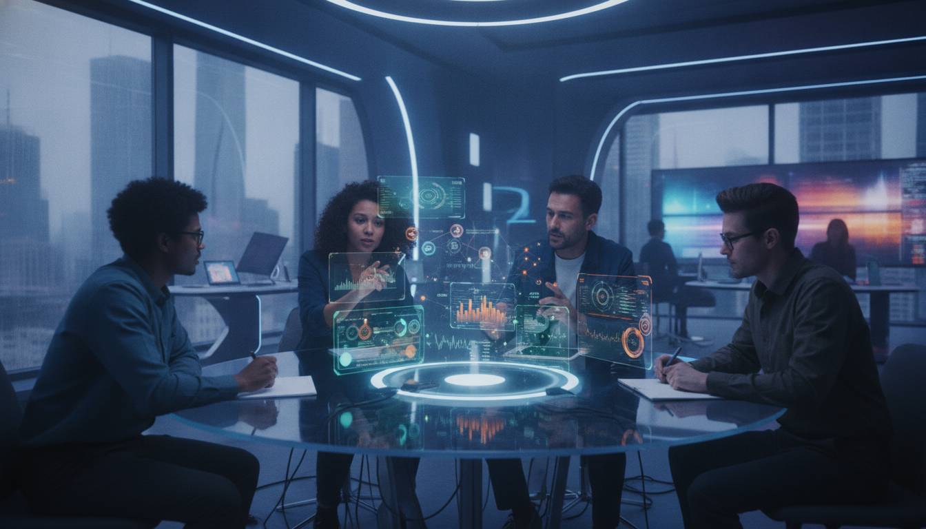 A futuristic digital marketing team brainstorming with holographic interfaces, neon lights, ultra-modern setting