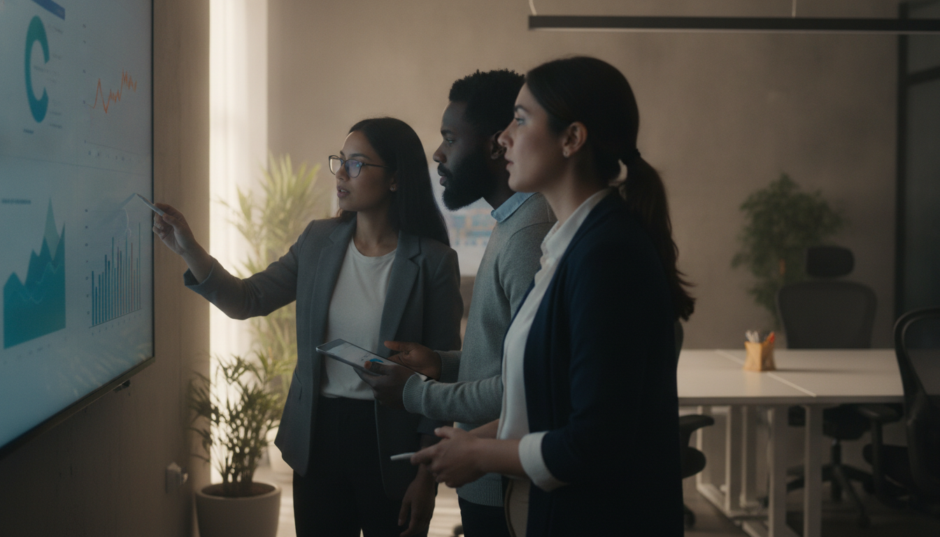 erros de web design — A modern office with people analyzing dashboards, soft natural lighting, professional photography style