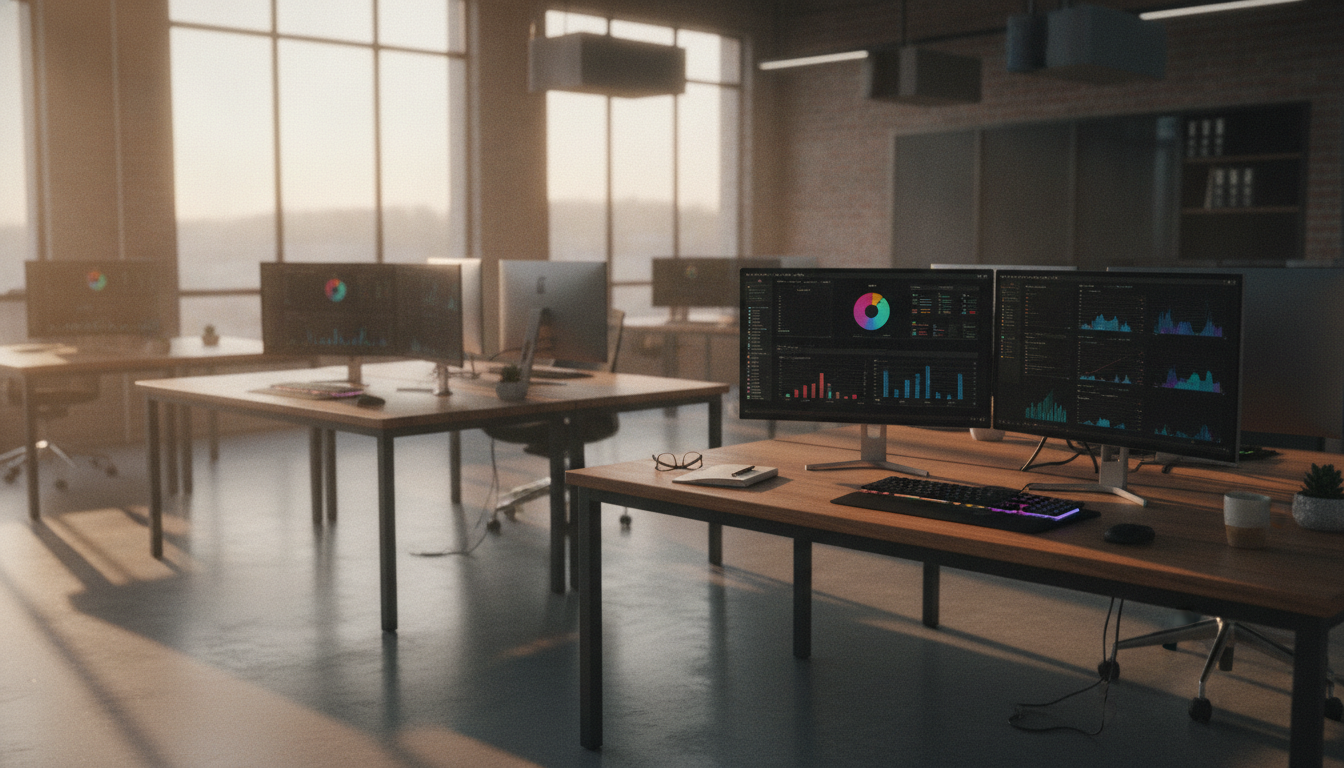 marketing de conteúdo — A modern office with people analyzing dashboards, soft natural lighting, professional photography style